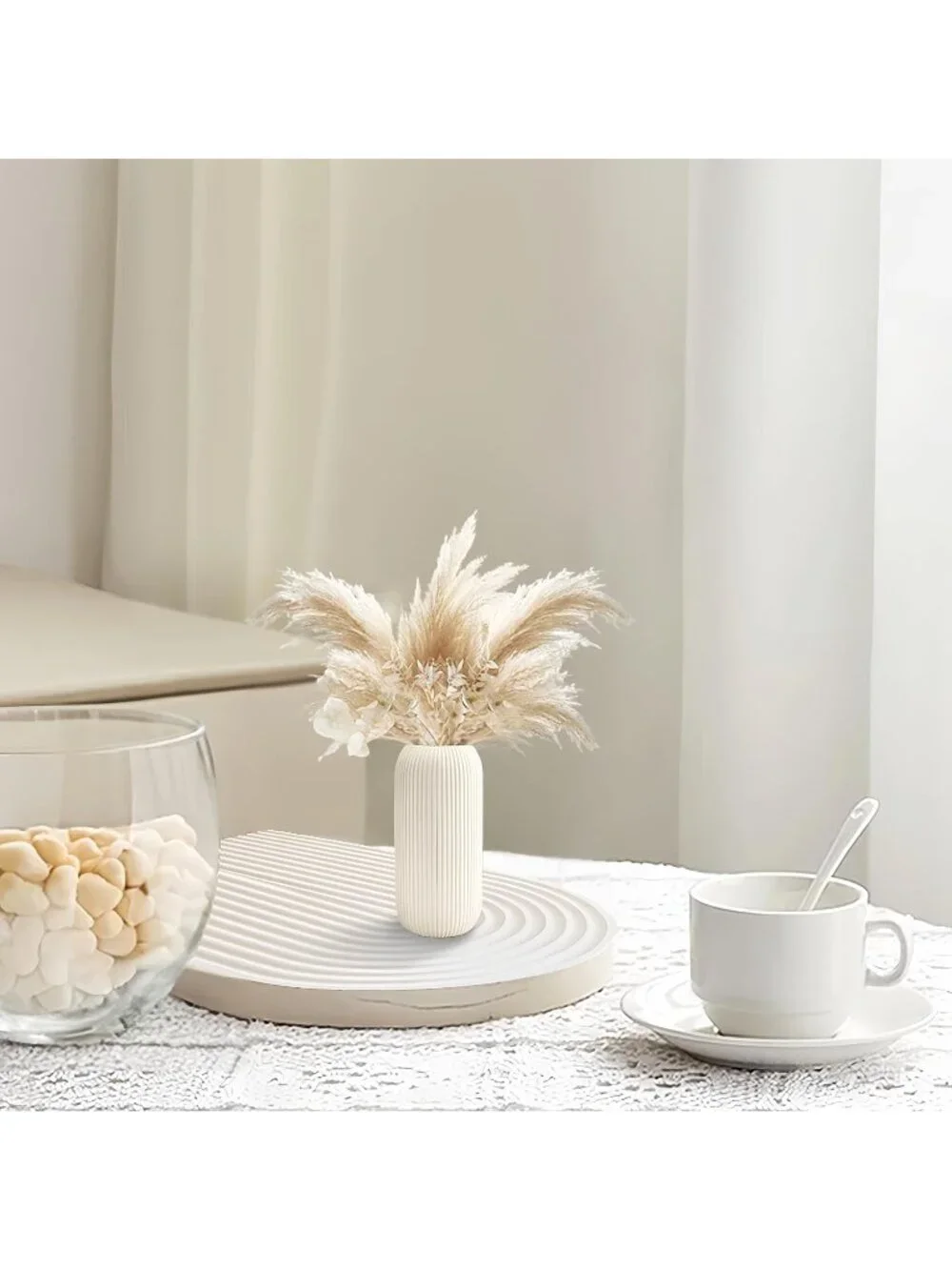 Modern Small White Ceramic Vase Flowers Ribbed Textured Farmhouse Home Livings